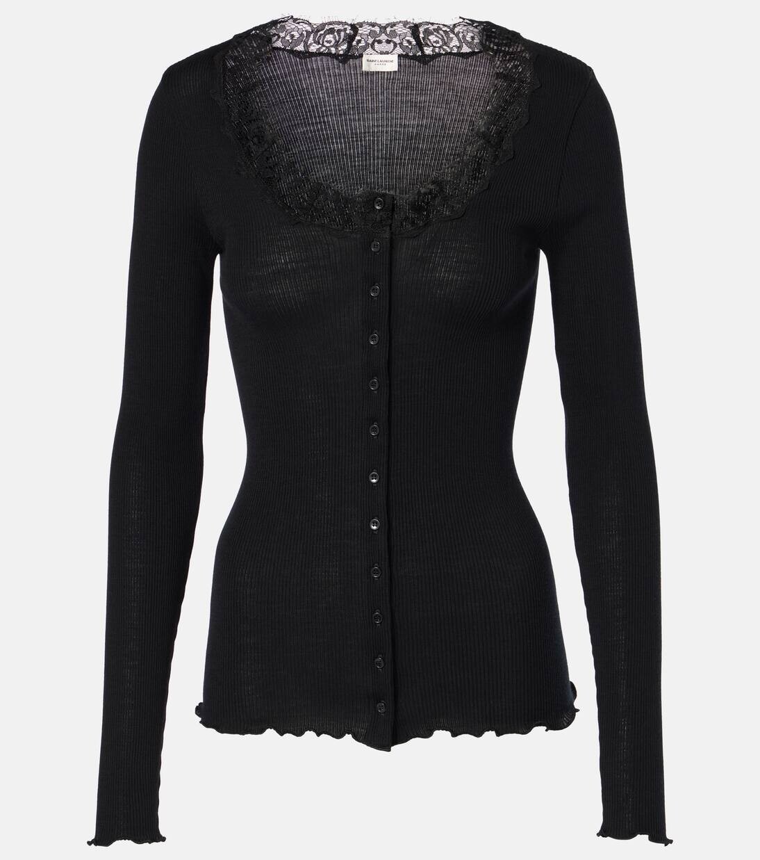 

Кардиган из шерсти и шелка с кружевной отделкой Saint Laurent, черный