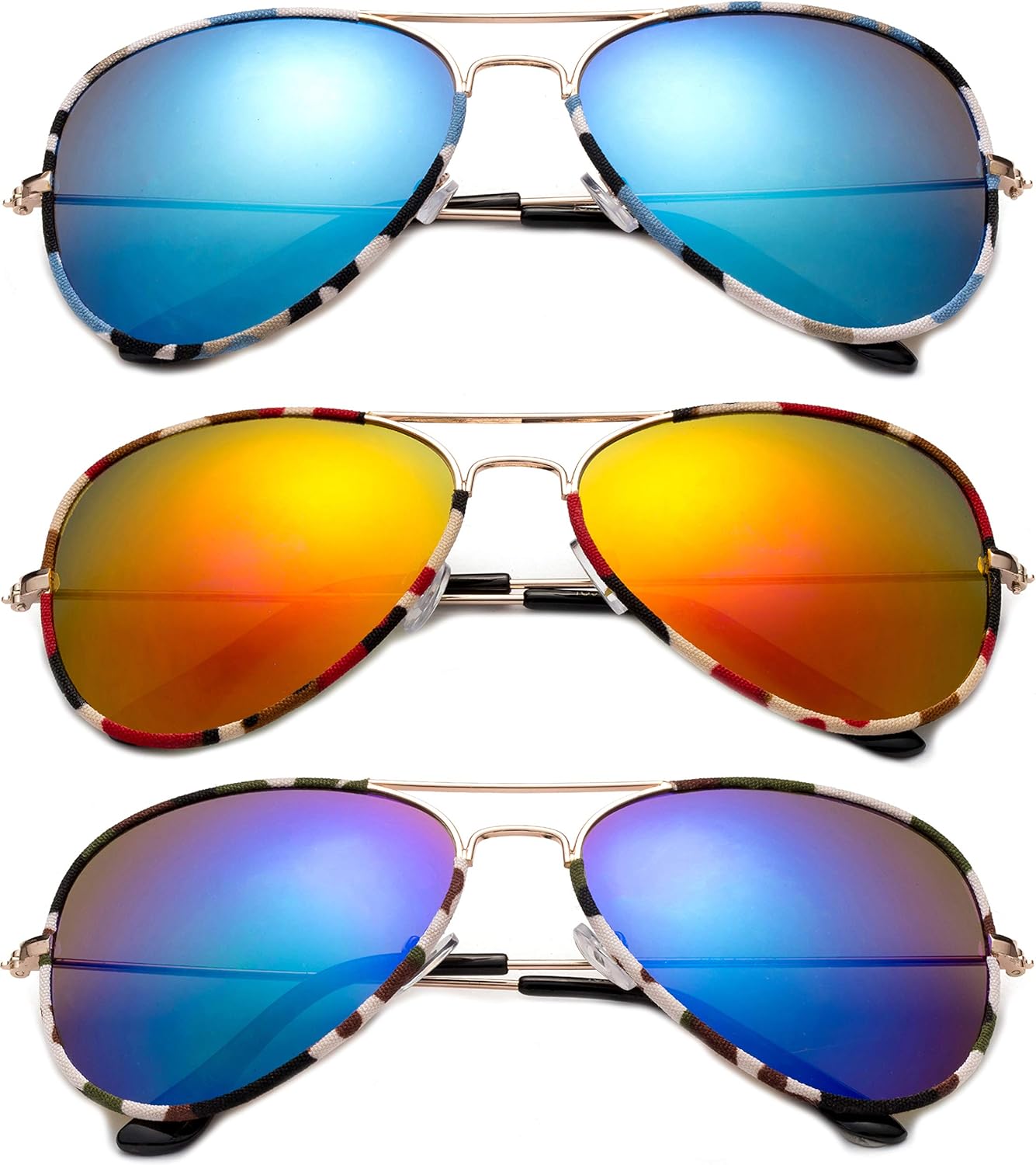 

Комплект из 3 солнцезащитных очков-авиаторов Newbee Fashion из камуфляжной парусины с металлической оправой для мужчин и женщин, с зеркальными линзами и защитой от УФ-излучения UV400, 3 Pack Blue, Green & Orange