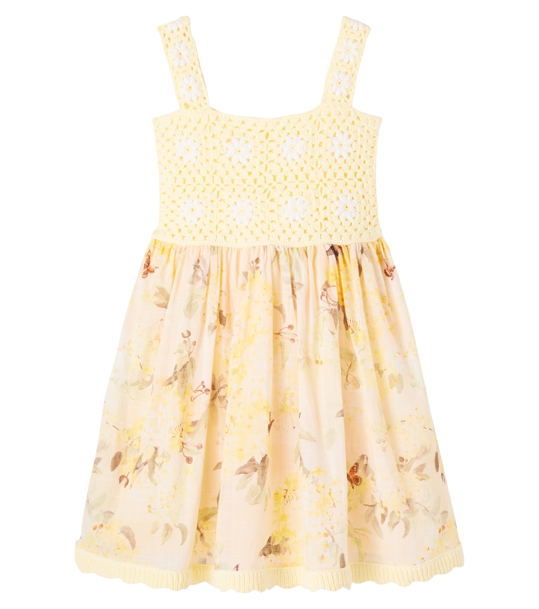 

Каскадское кружевное платье с цветочным узором из хлопка Zimmermann Kids, Lemon/Ivory