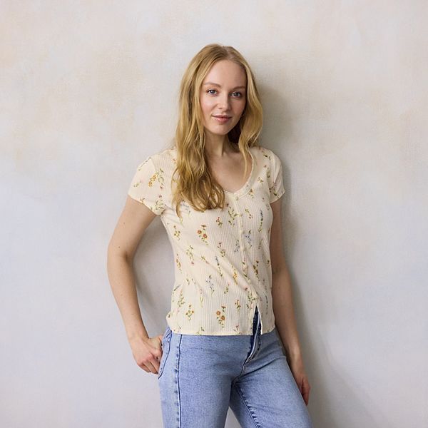 

Женский топ с V-образным вырезом и короткими рукавами на пуговицах Lc Lauren Conrad, Cream Wildflower