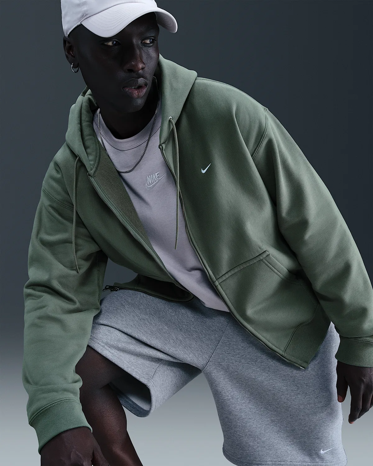 Мужская флисовая кофта на молнии Nike Solo Swoosh, Clay Green/Clay Green/White — фото 3