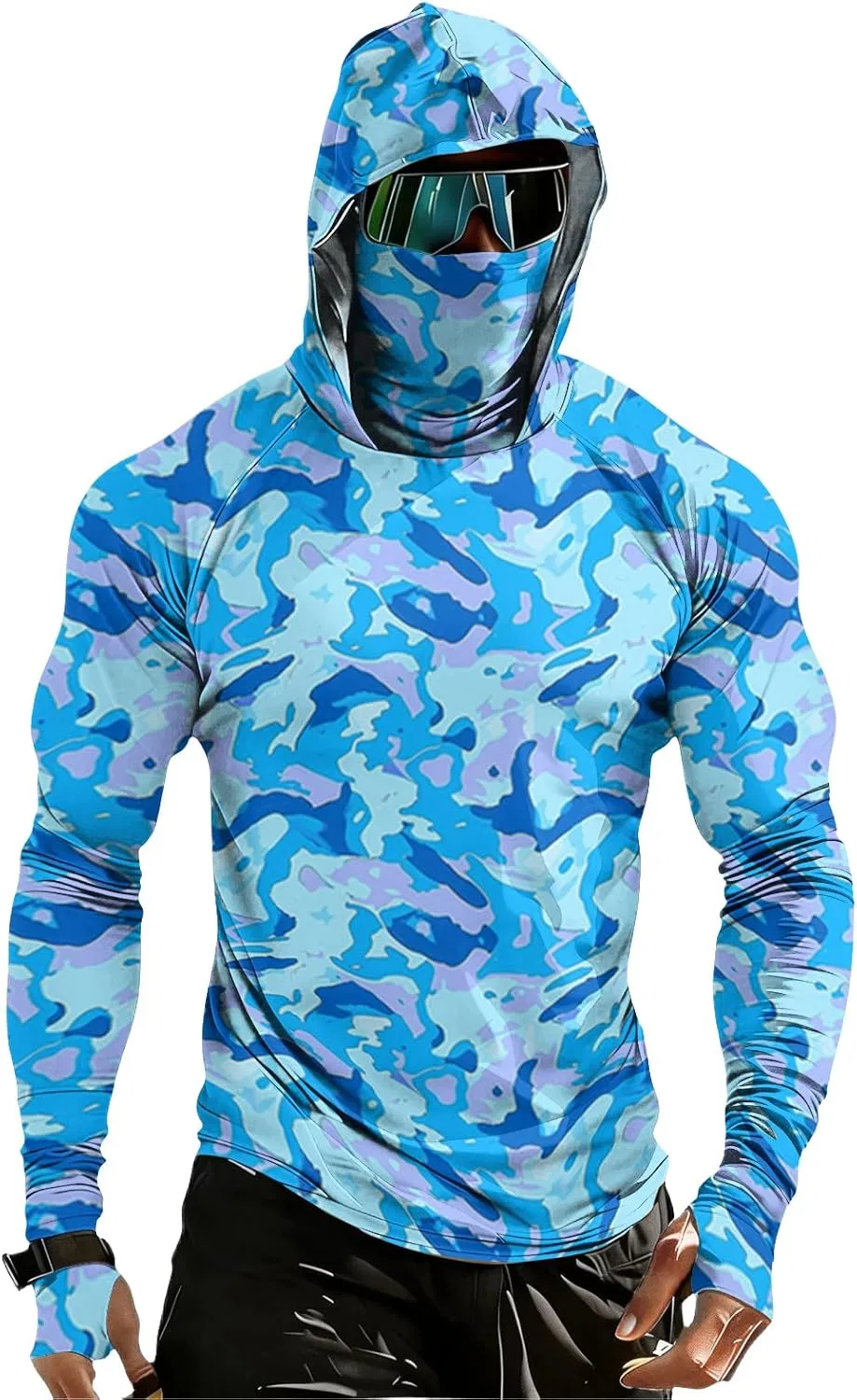 Мужская солнцезащитная футболка с капюшоном и маской, UPF 50+, 05-blue