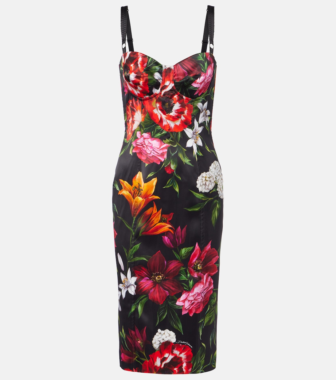 

Платье миди из атласа с цветочным принтом Dolce&Gabbana, Anemoni Gigli F.Nero