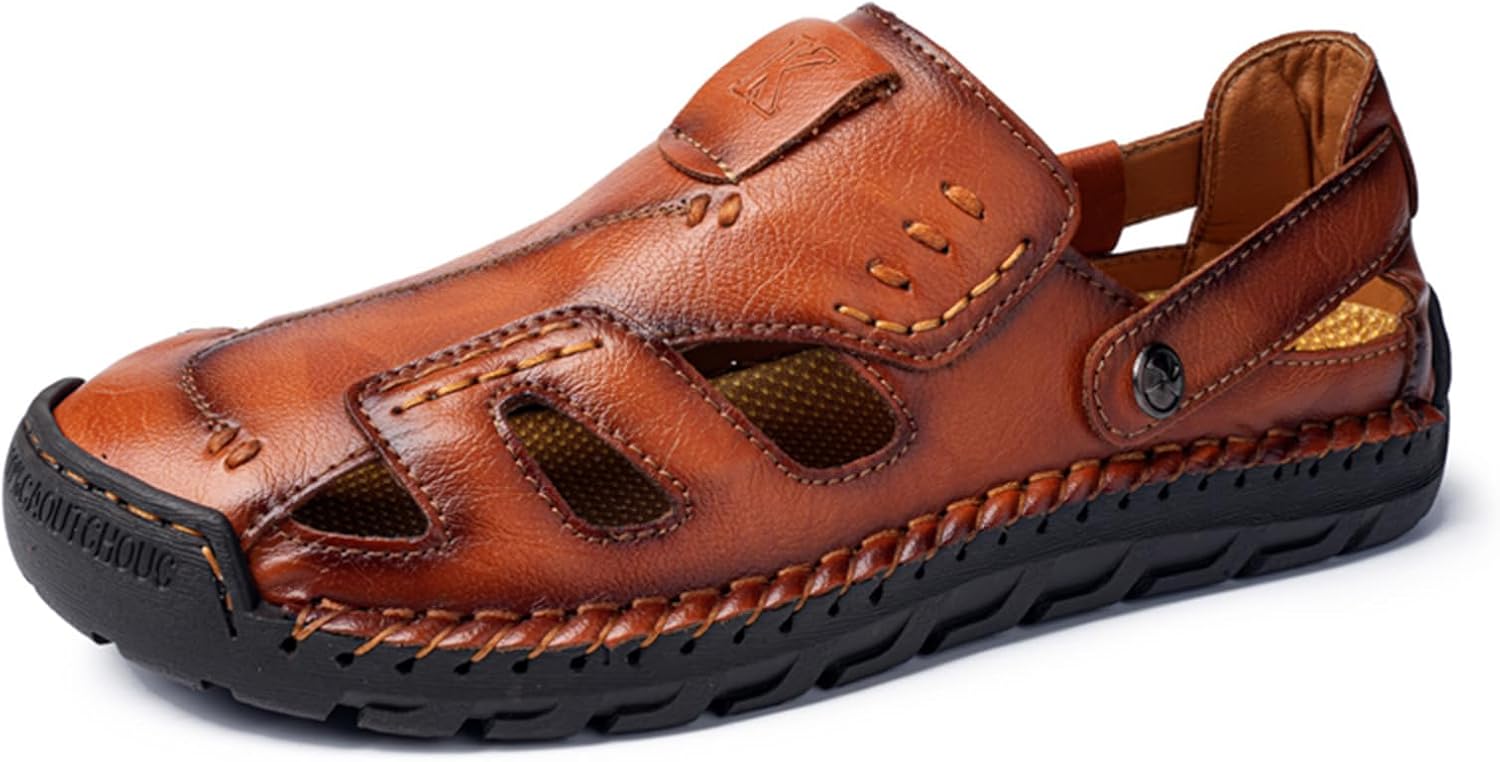 

Мужские спортивные сандалии SPWAGYM, летние кожаные сандалии-рыбацкие, с закрытым носком, на скользящей подошве, повседневная обувь, Brown-01