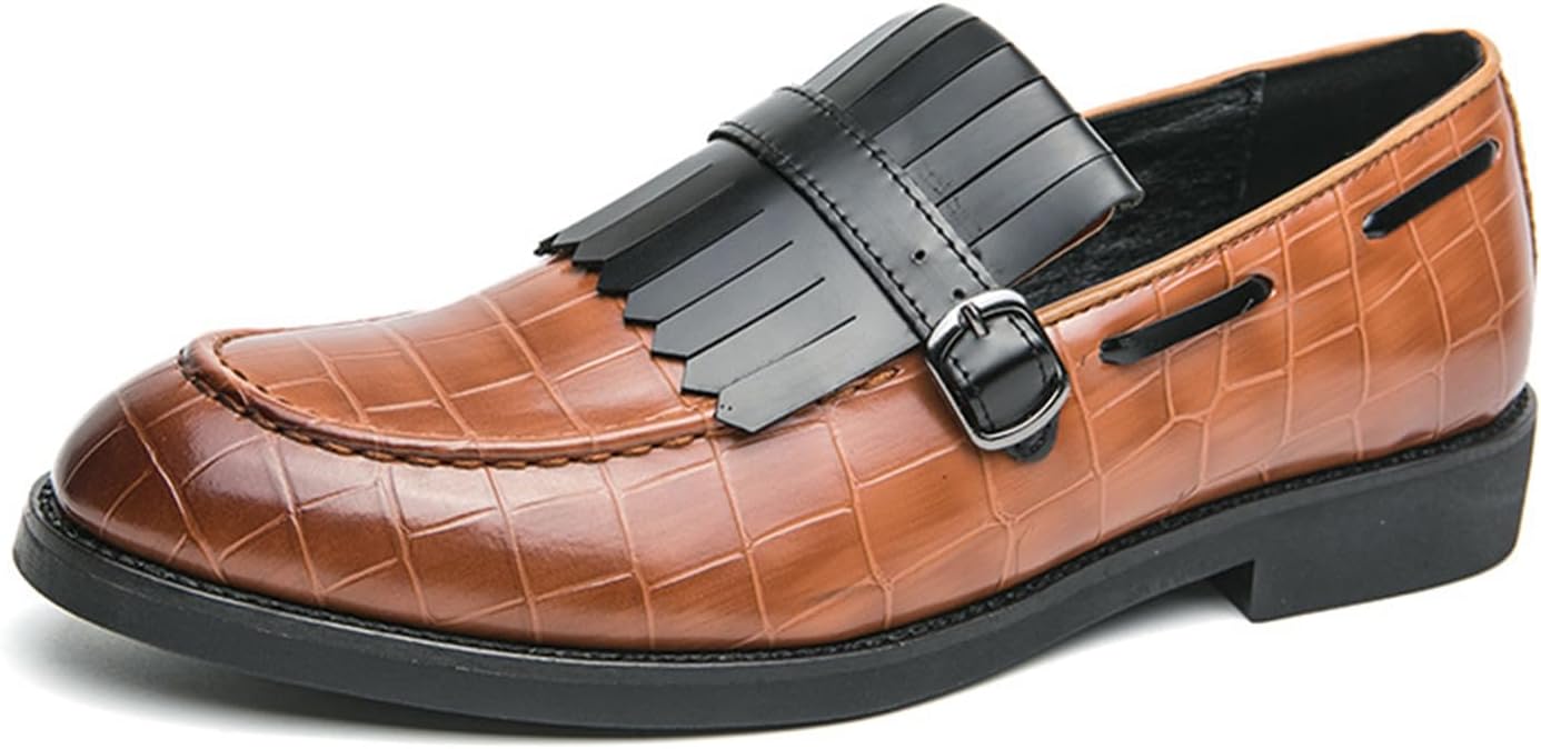 

Мужские кожаные лоферы с бахромой и монк-ремнем, классические слипоны с заостренным носком, низким массивным каблуком, для делового, официального или свадебного образа, туфли под смокинг Tokouk, коричневый