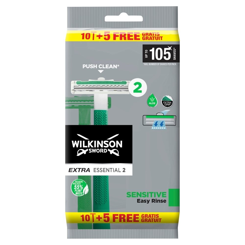 

Wilkinson, Бритвы одноразовые мужские Extra Essential 2 Sensitive, 15 шт
