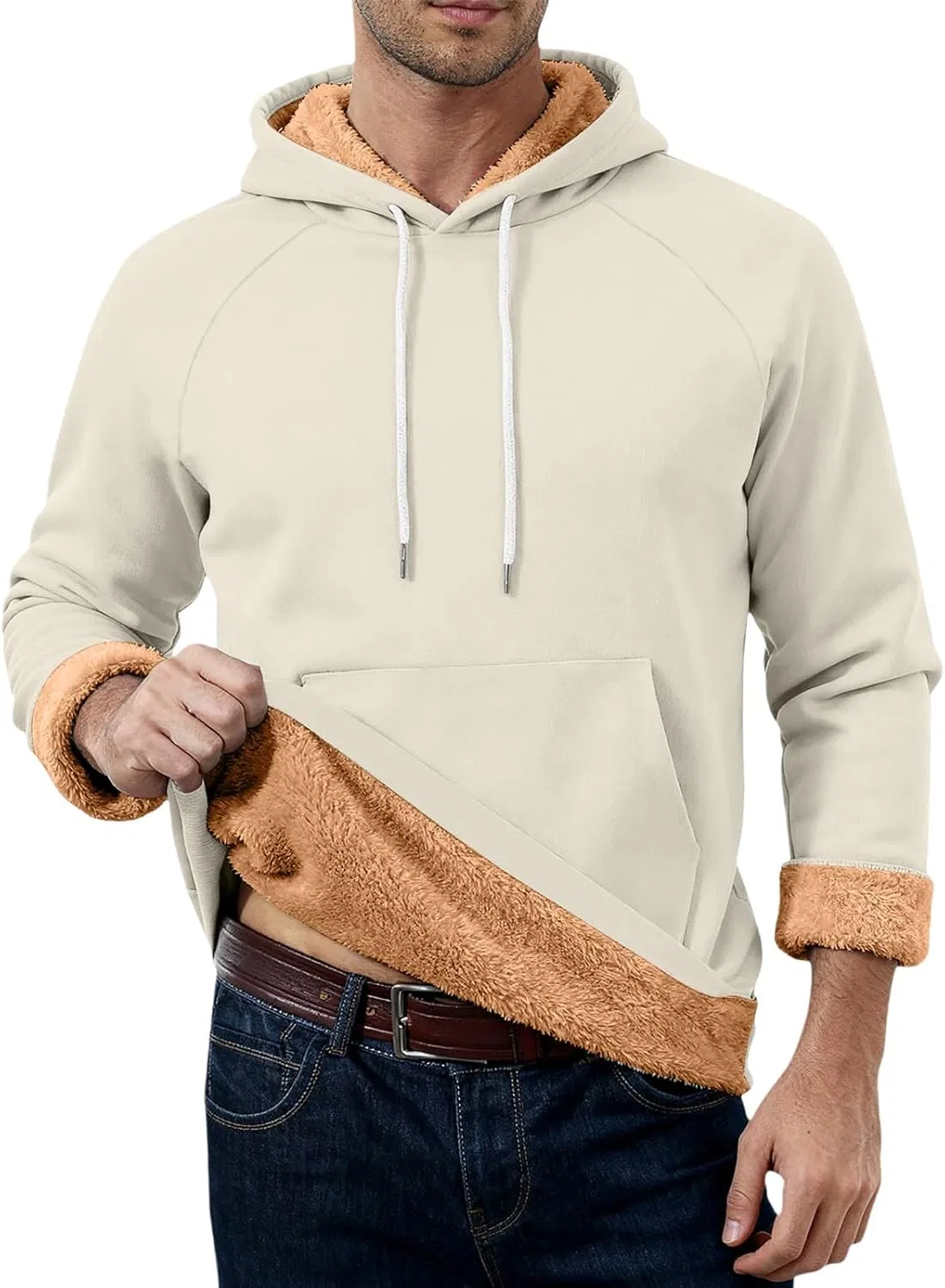 Толстовка мужская с флисовой подкладкой, капюшоном и карманом кенгуру, Beige