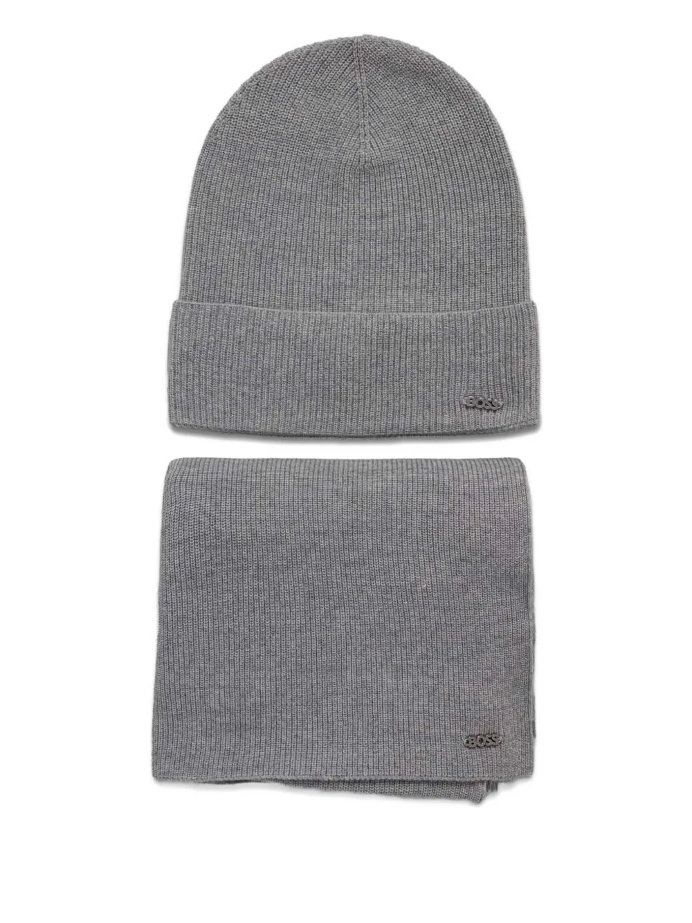 

Комплект: вязаная шапка и шарф в рубчик BOSS, серый
