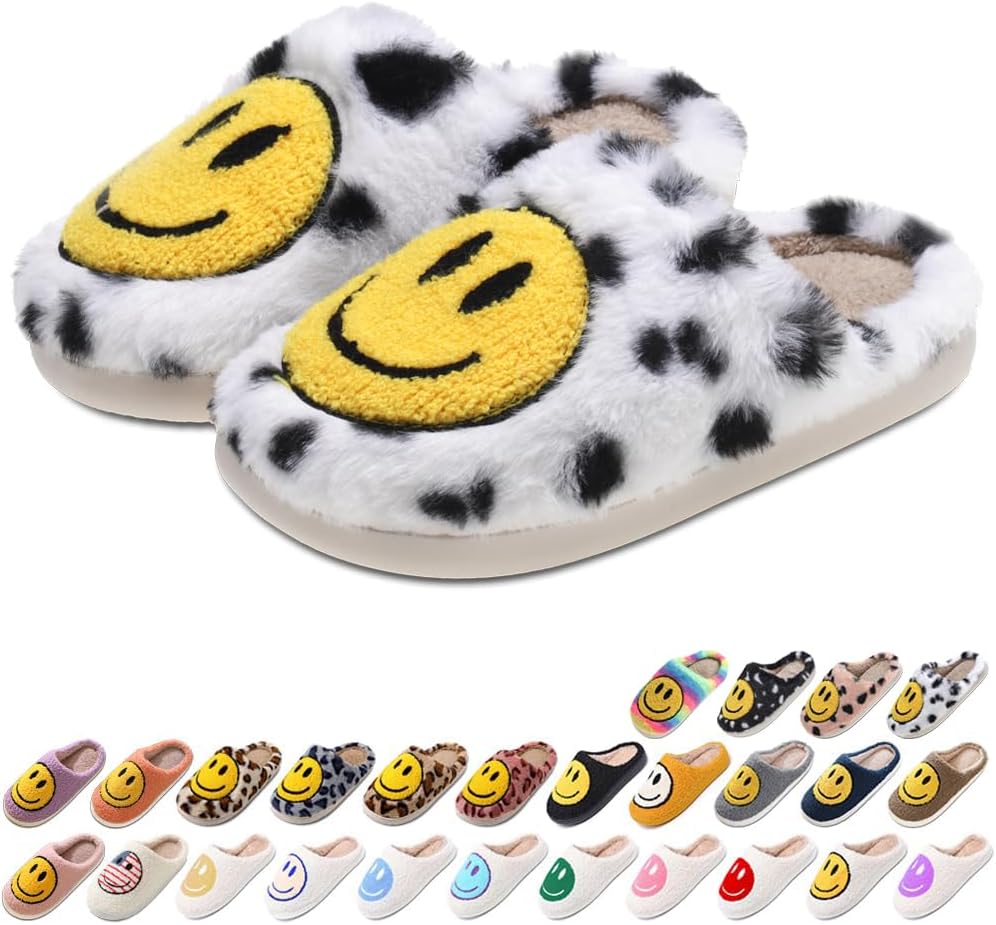 

Домашние тапочки AIMINUO для женщин и мужчин, ретро стиль, с улыбкой, мягкие и теплые плюшевые тапочки на молнии, удобная зимняя обувь для дома, с мягкой подушкой, противоскользящие и пушистые, белый
