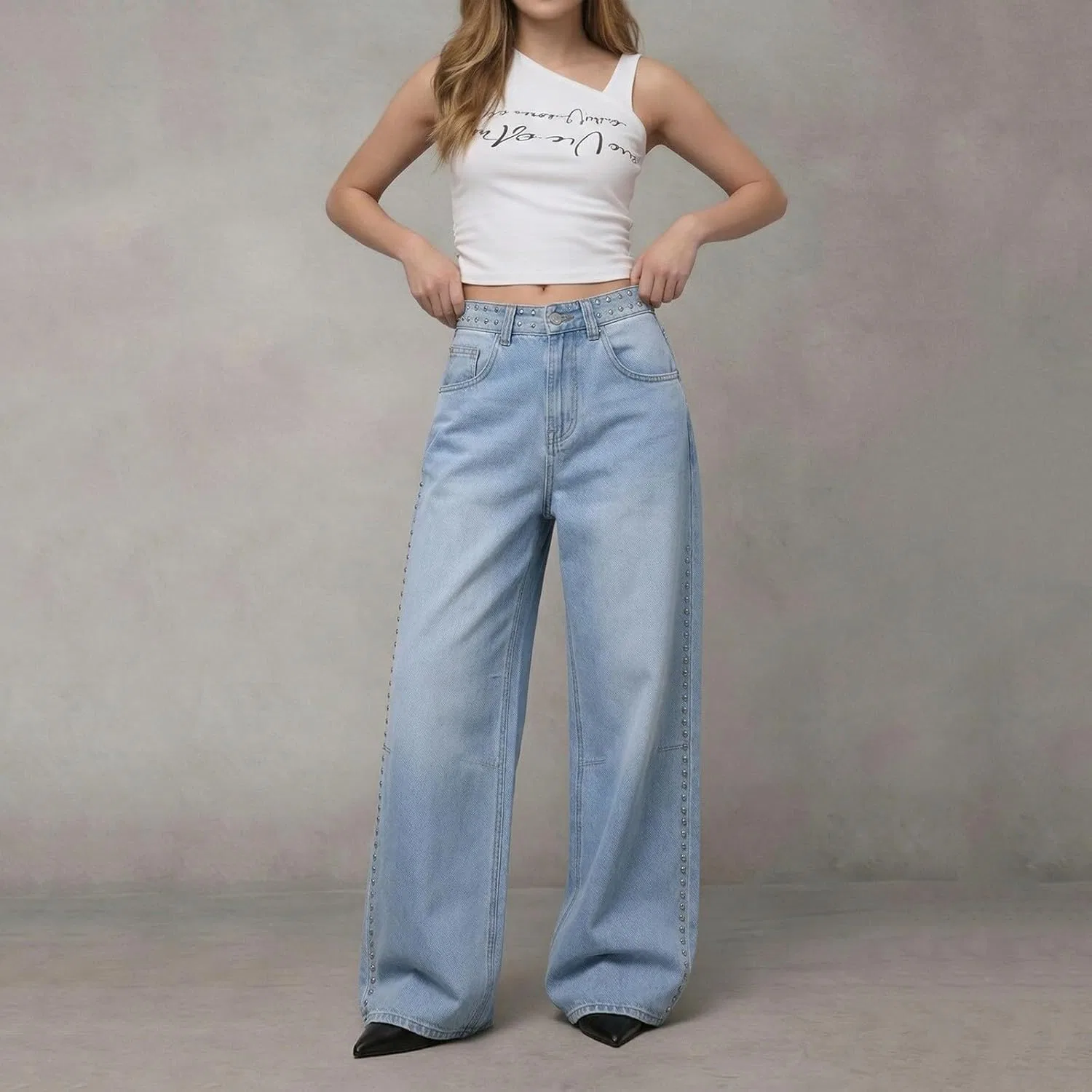 Активные брюки Women's Vintage Washed Jeans High Waist Studded Embellished Casual Trousers Loose Trendy Denim Pants with Pockets, Light Blue — фото 2