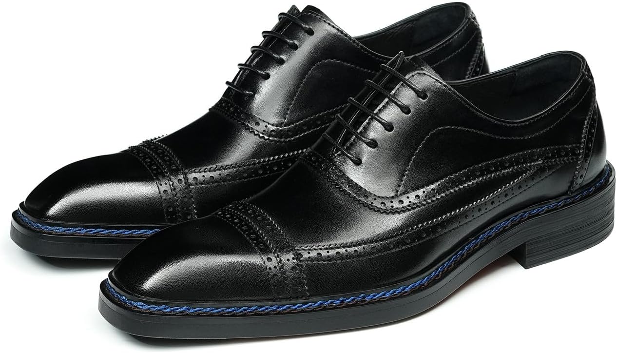 

Мужские оксфорды Santimon с закрытым носком - формальные туфли с декоративной перфорацией «вингтип», шнуровкой, из натуральной кожи с синей отделкой, с амортизирующей стелькой и противоскользящей подошвой для работы и свадьбы