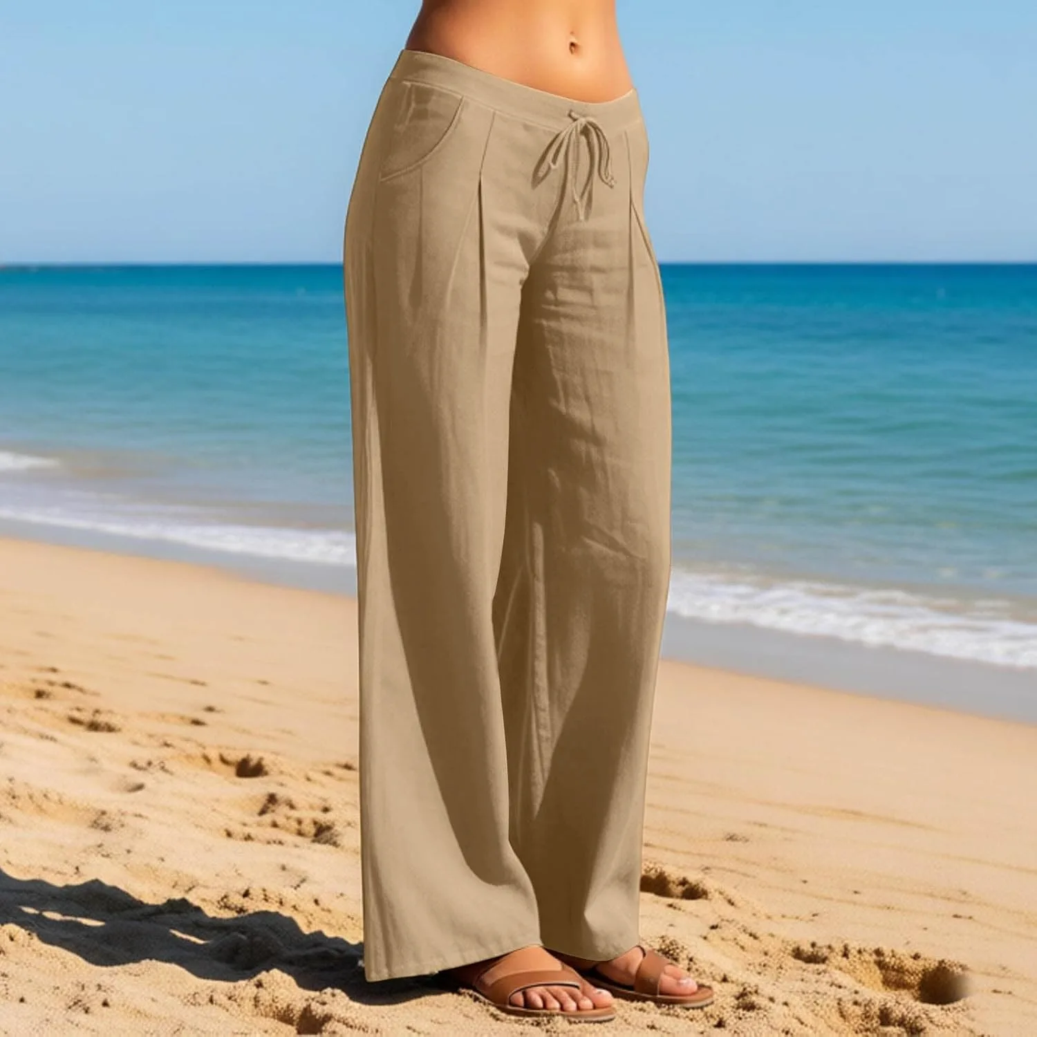Льняные брюки Women 2026 Wide Leg с кулиской и эластичной резинкой на поясе, льняные хлопковые широкие брюки, повседневные свободные штаны с карманами Generic, хаки — фото 2