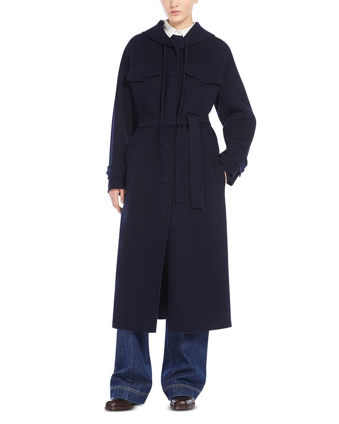 

Шерстяное пальто Weekend Max Mara Levante с капюшоном и поясом, синий