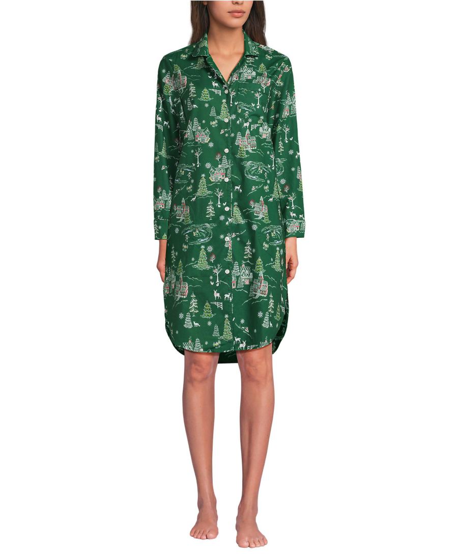 

Женская хлопковая поплиновая ночная рубашка с длинными рукавами Lands' End, Light emerald winter scene