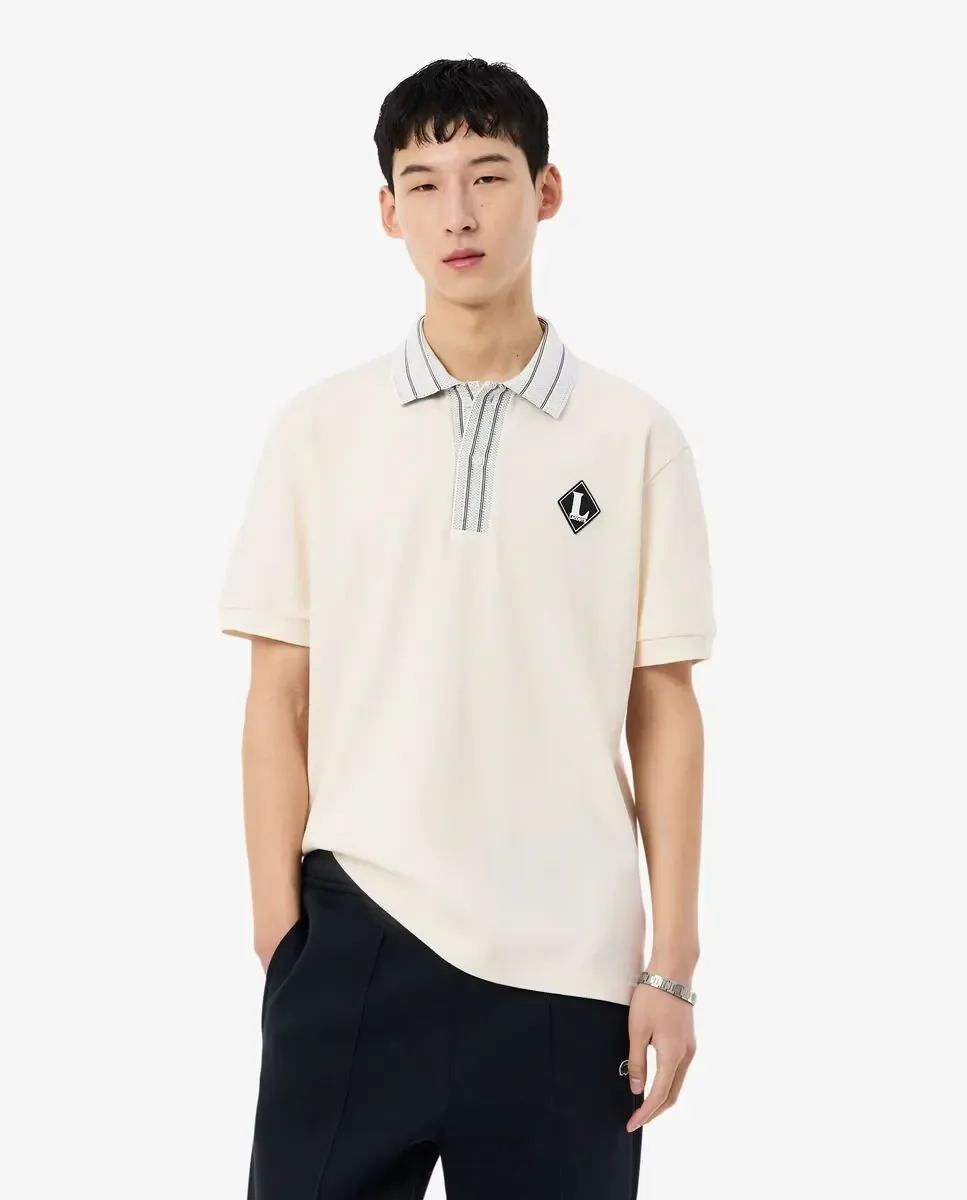 Lacoste Мужское поло классического кроя с эмблемой, произведенное во Франции, белое с короткими рукавами
