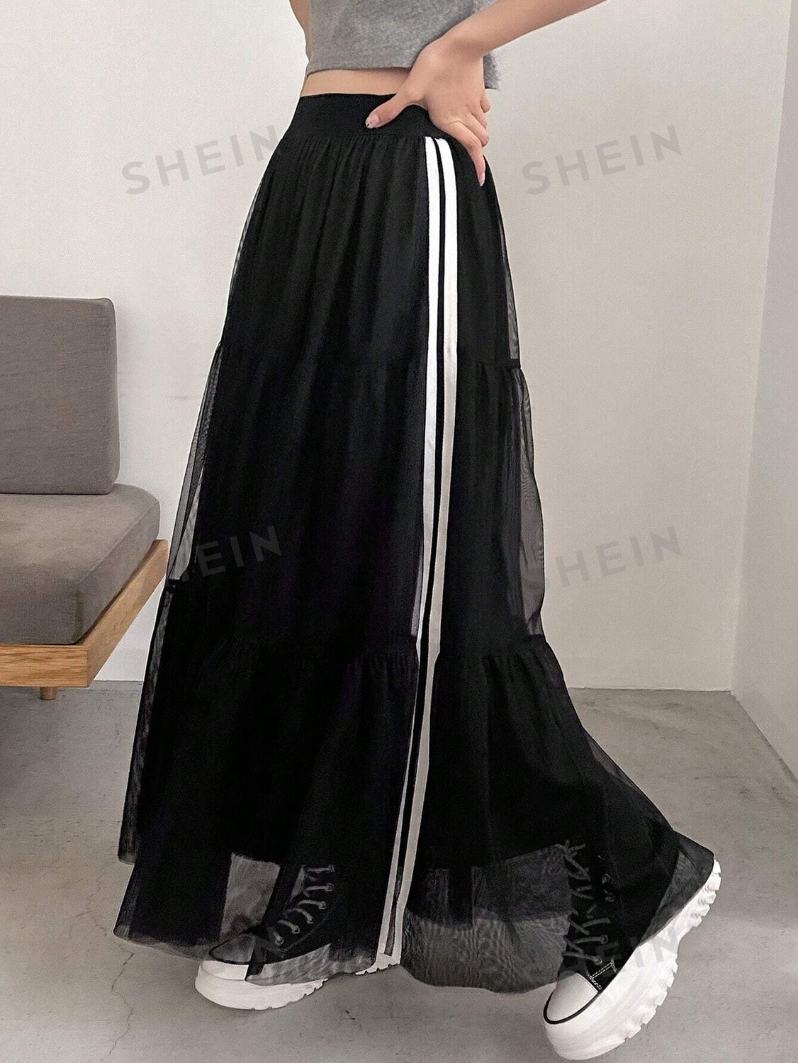 

Женская повседневная длинная юбка из тканого ремня с цветными блоками и сетчатой ​​лоскутной длинная юбка, лето Friful, черный