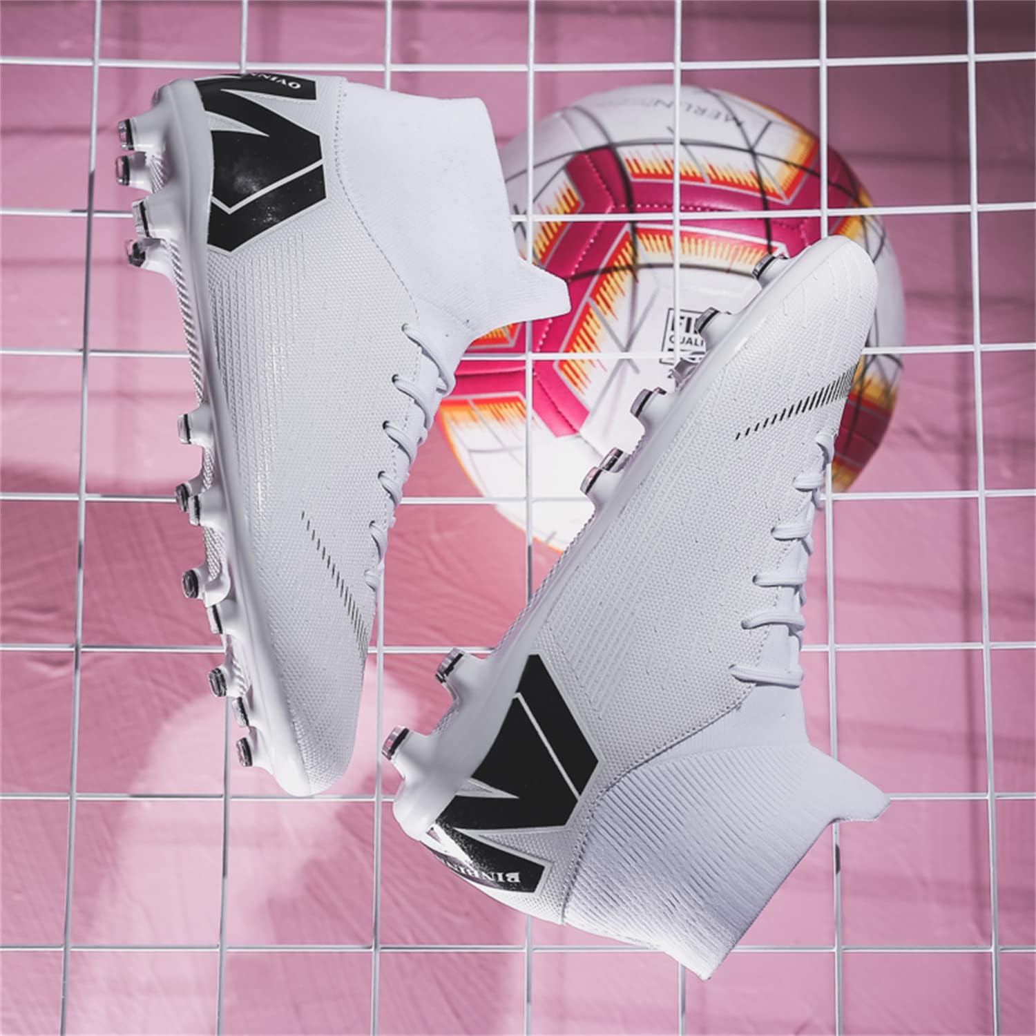 Кроссовки JOSKAA Unisex Soccer Skeak легкие, дышащие, не скользят и амортизируют, а The Youth high top Indoor Lawn Training Hard Bottom TF/AG, белый — фото 3
