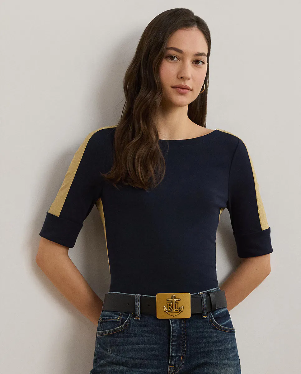 

Женская футболка с вырезом из хлопка Lauren Ralph Lauren, тёмно-синий