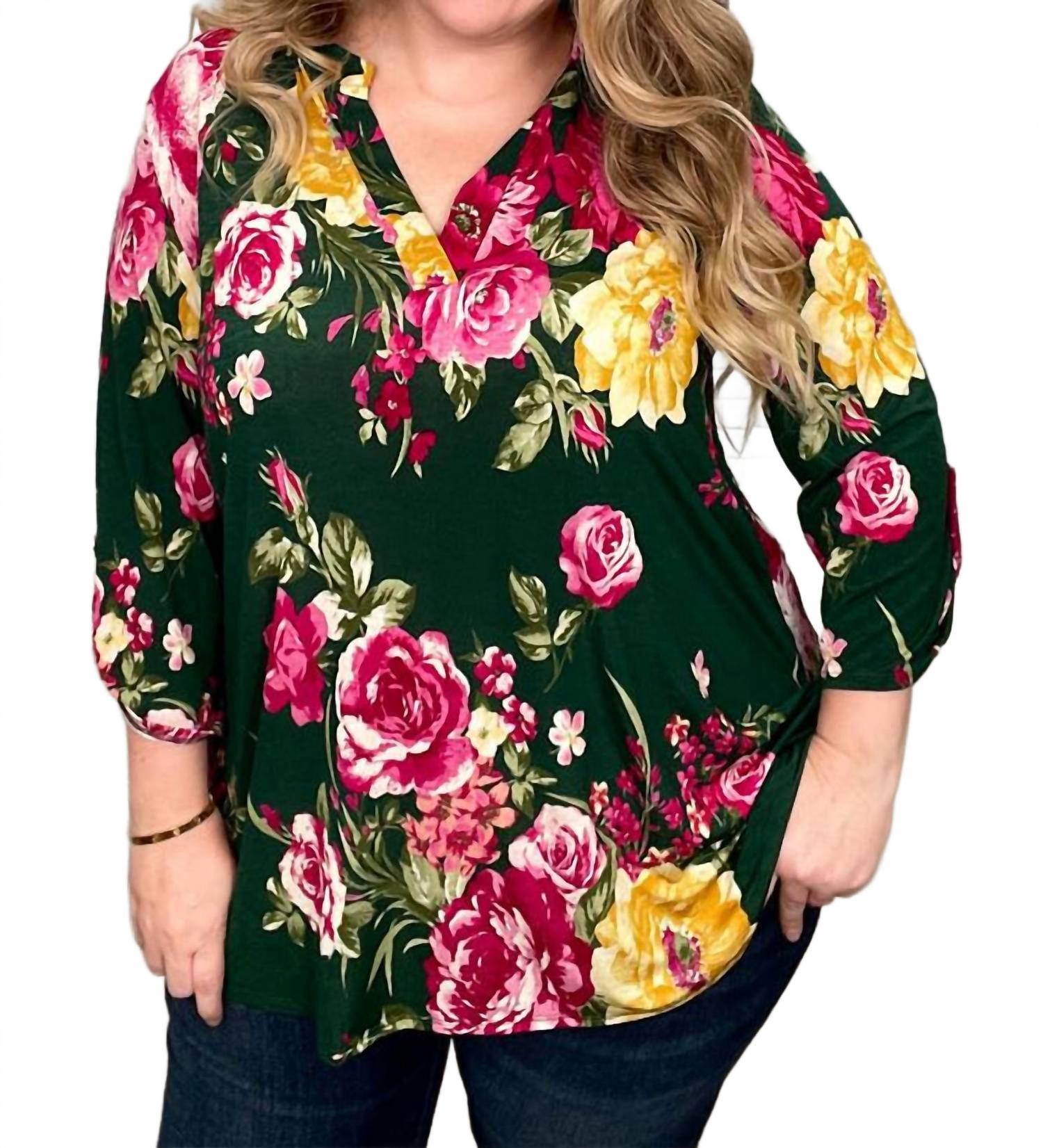 

Флоральный топик Gabby с воротником-мандарин в лесном зеленом Honeyme