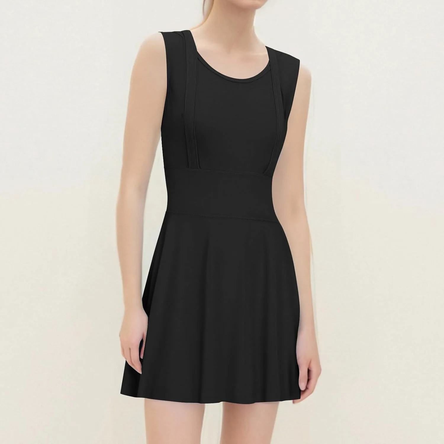 Купальник One Piece Swimdress для женщин с V-образным вырезом, эффектом контроля живота и юбкой, скромный винтажный купальный костюм Generic, черный — фото 3