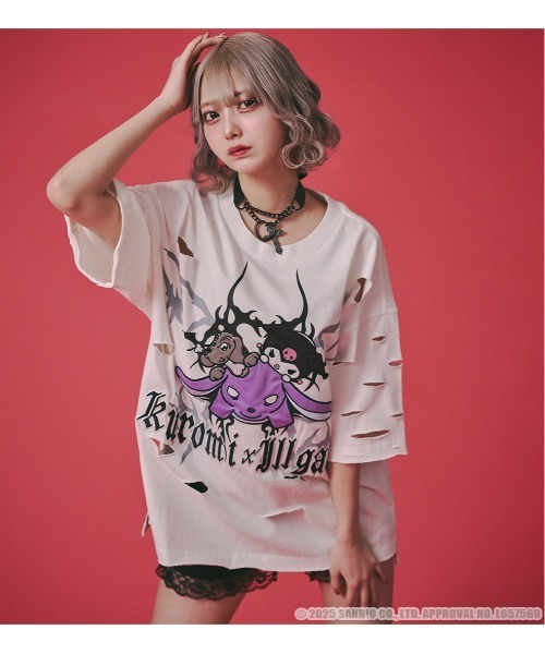 

Футболка с коротким рукавом, коллаборация GALFY x Kuromi, рваный крой, белый