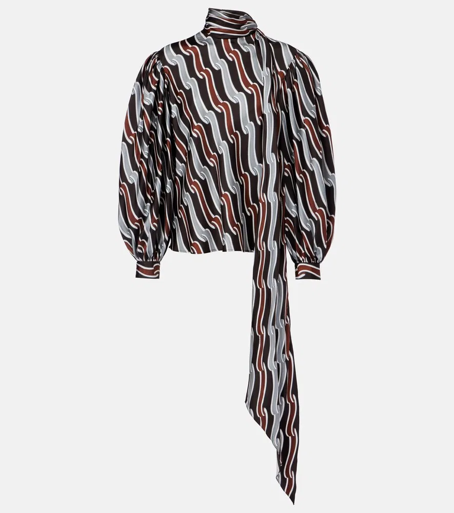 Блузка Gucci из шелкового твила с принтом, с завязками на шее, мультиколор
