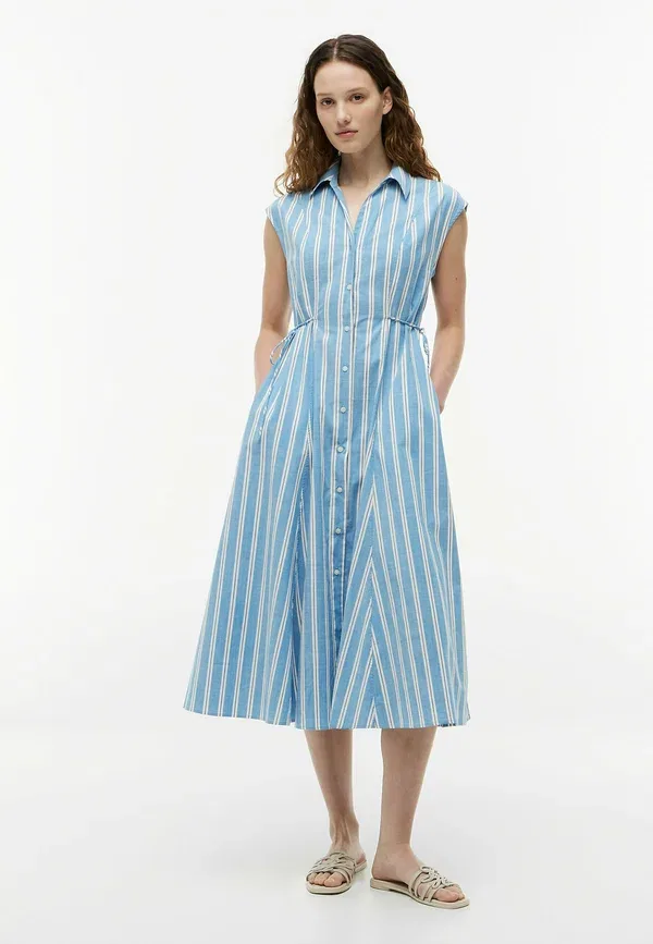 Платье-рубашка миди с галстуком и коротким рукавом Tommy Hilfiger, liquorice stripe breeze blue, голубой в полоску