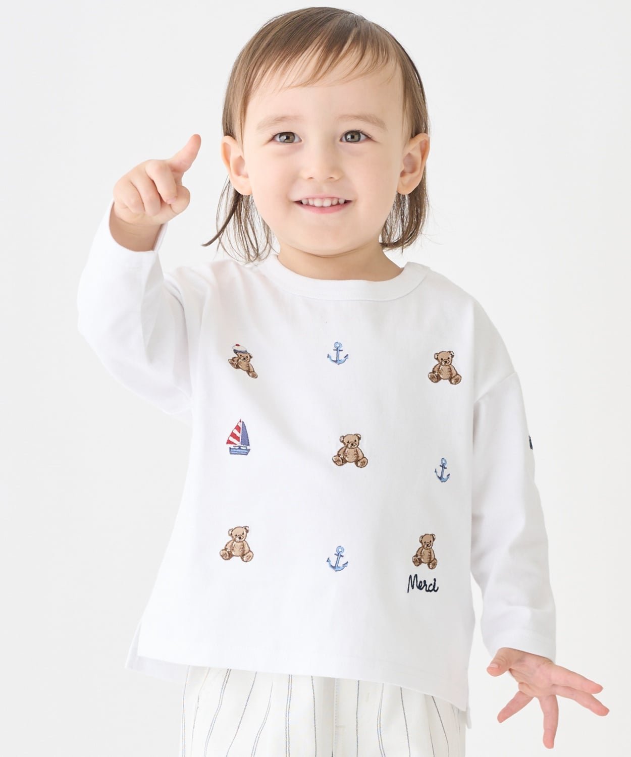 Футболка с длинными рукавами с вышивкой медведя в морском стиле Petit main, Off white