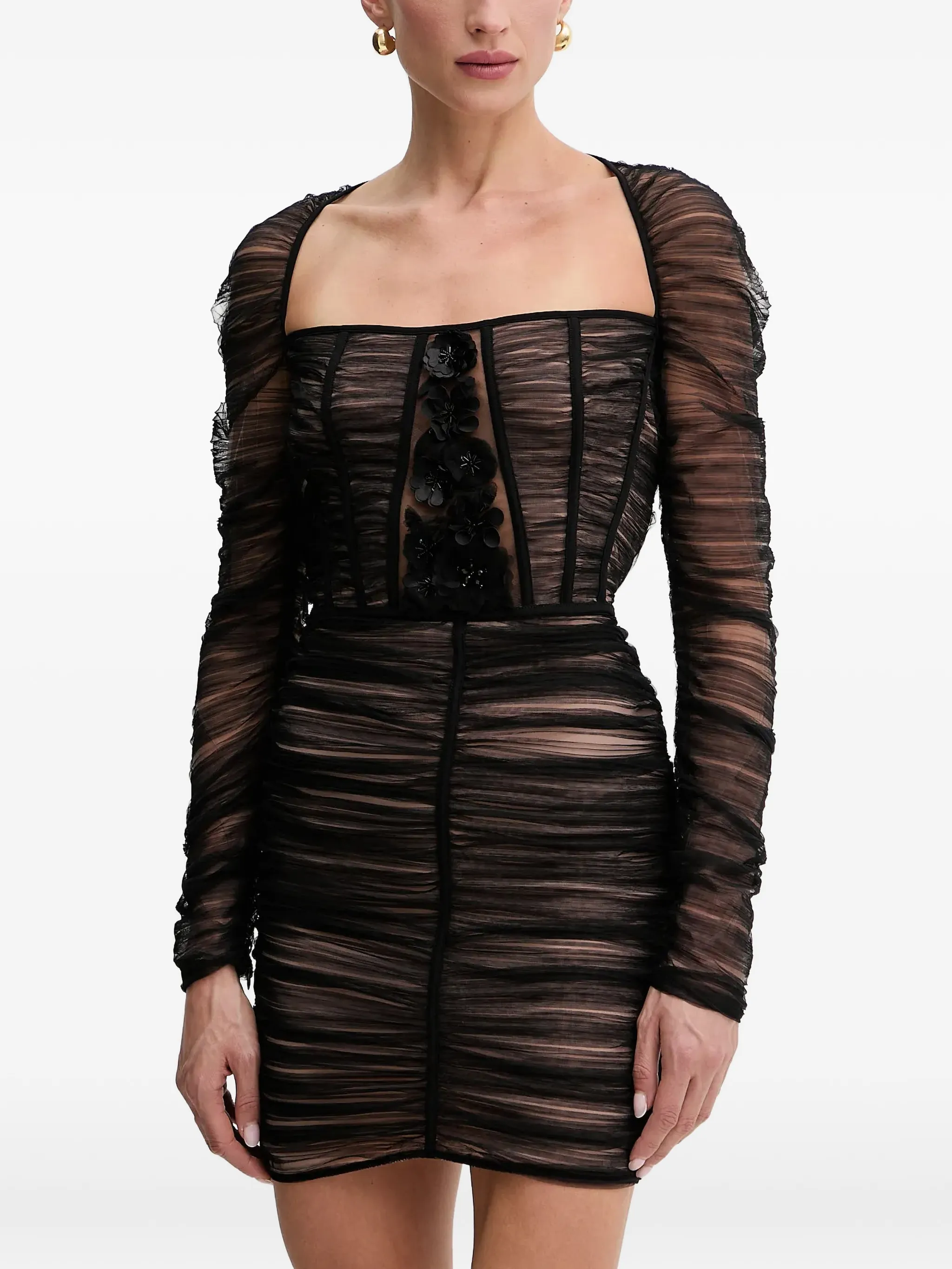 

Платье мини с цветочной аппликацией и сборками Elisabetta Franchi, черный