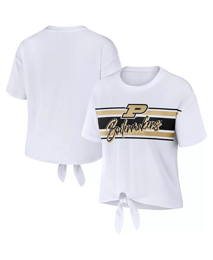 

Белая женская укороченная футболка в полоску с узлом Purdue Boilermakers спереди Wear By Erin Andrews