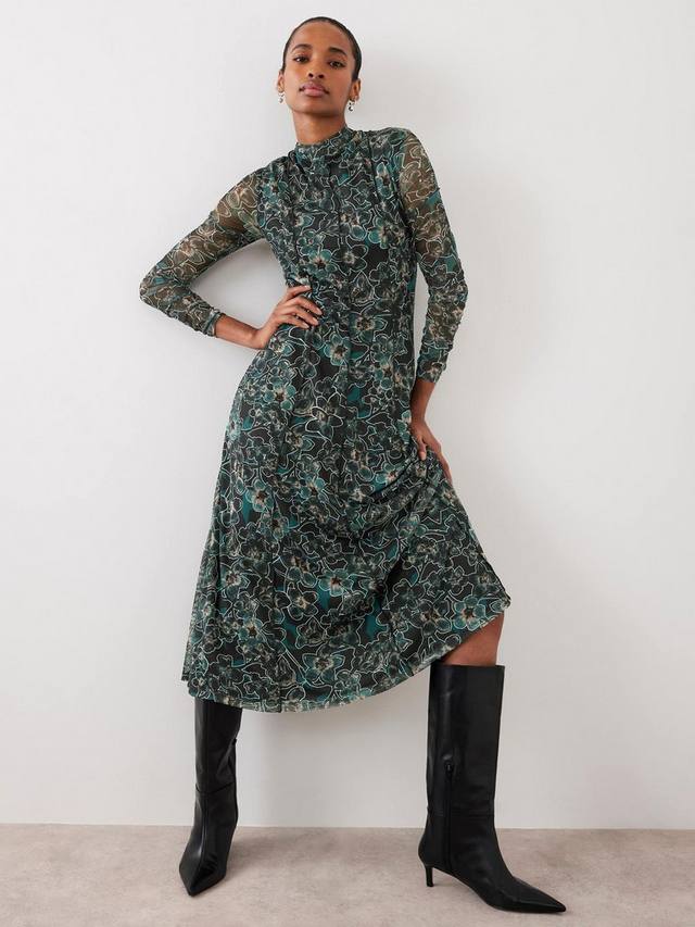 

Платье миди с цветочным принтом и присборенными манжетами Mint Velvet, Green/Multi