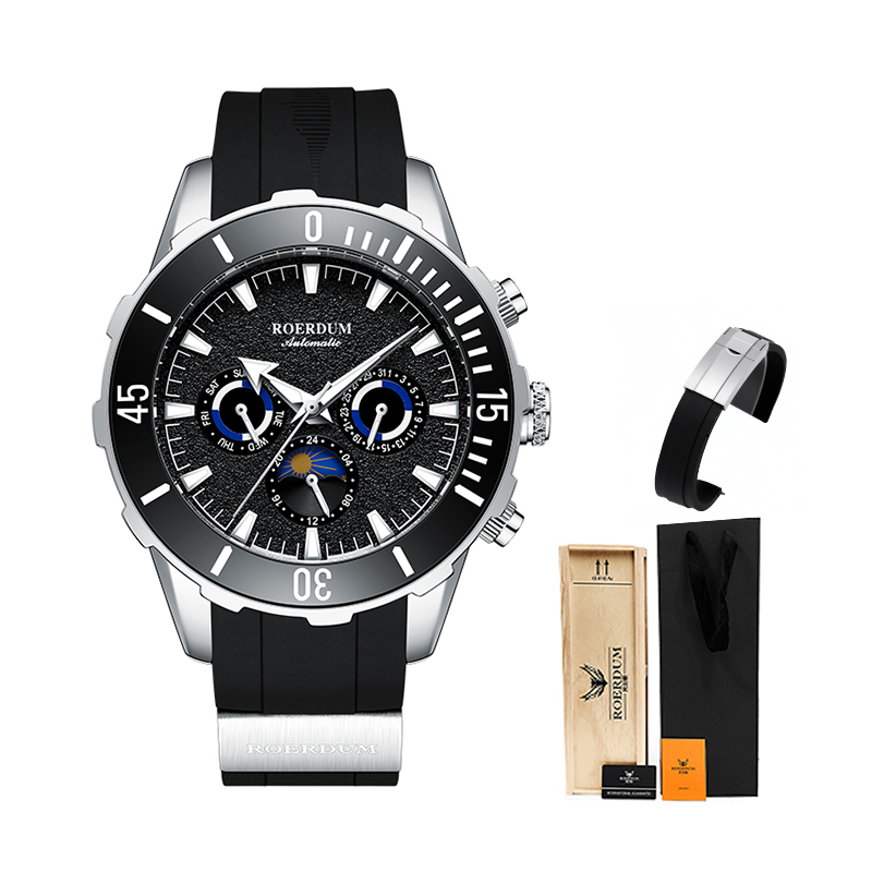 

ROERDUM Часы Stalker Automatic Mechanical Movement Silicone Strap Watch Men's Watch Black Dial, [Explorer-Black RA8915]