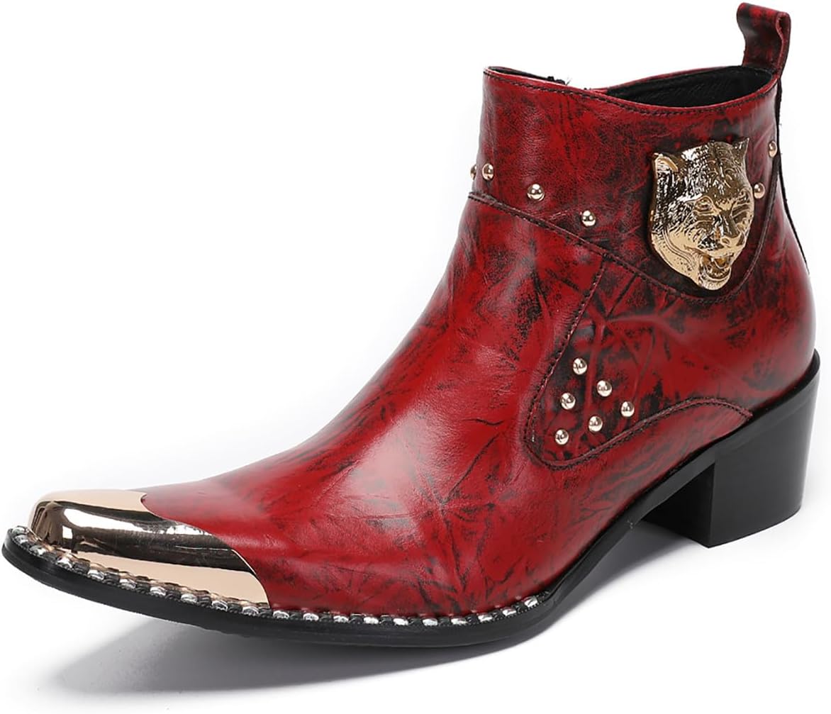 

Мужские повседневные рокерские челси-бутсы Santimon - кожаные вестерн-ковбойские с тигровой головой и граффити-молнией для вечеринок, певцов и баров, красный