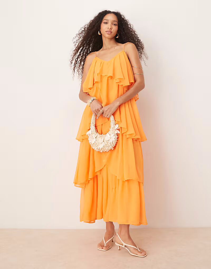 

Платье макси ASOS DESIGN многослойное, на бретелях, ярко-оранжевого цвета