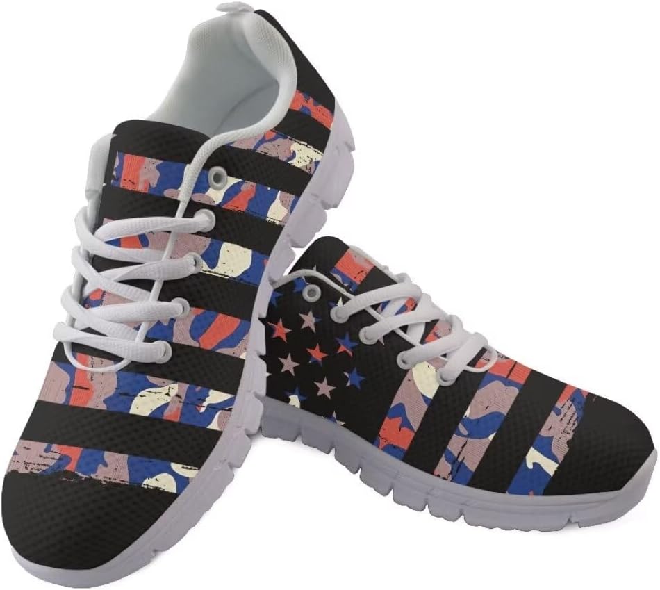 

Женские и мужские кроссовки Jeiento для бега на открытом воздухе, модные теннисные туфли, повседневная обувь для путешествий и ходьбы, плоская обувь с дышащей сеткой для тренировок и повседневного ношения, Color Camo American Flag