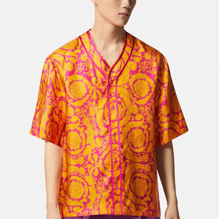 Рубашка с V-образным вырезом VERSACE желто-розовая — фото 3