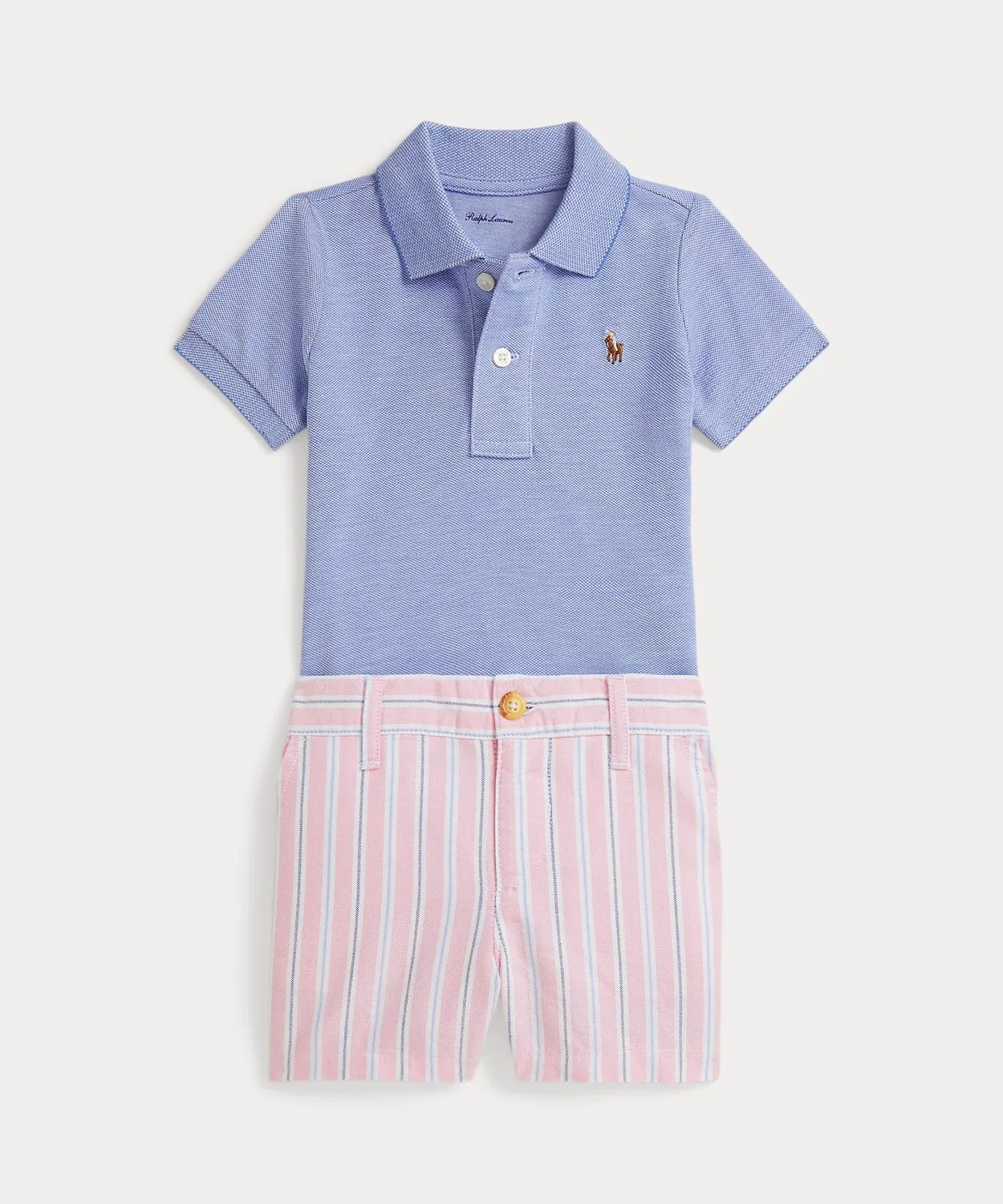 Детский комплект: поло из меланжевой сетки и шорты из оксфорда, Ralph Lauren, 2 предмета, синий