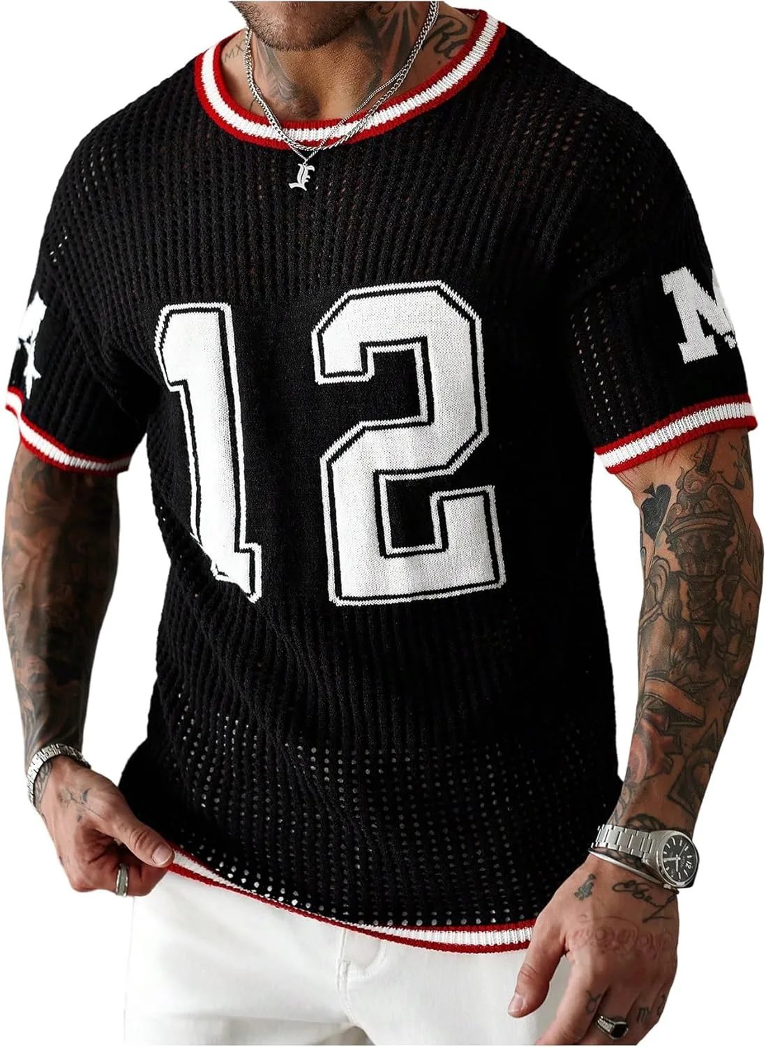 

Мужской свитер с принтом Number, короткий рукав, вязаный BEAUDRM