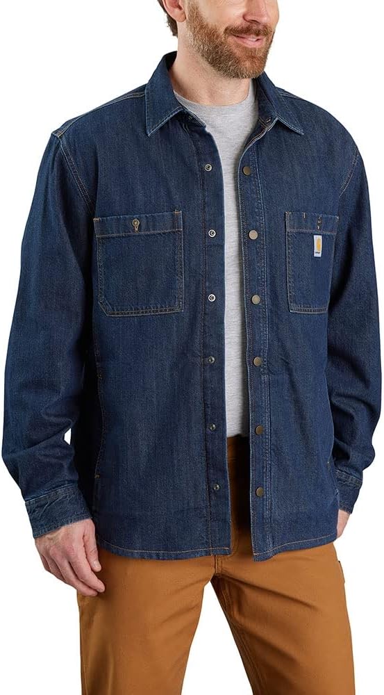 

Carhartt мужская 105605 рубашка-жакет на молнии с подкладкой из флиса, свободного кроя, из денима, Glacier