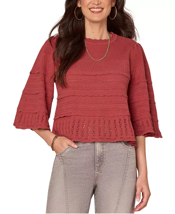 

Миниатюрный хлопковый свитер с круглым вырезом и рукавами-колокольчиками Democracy, коричневый