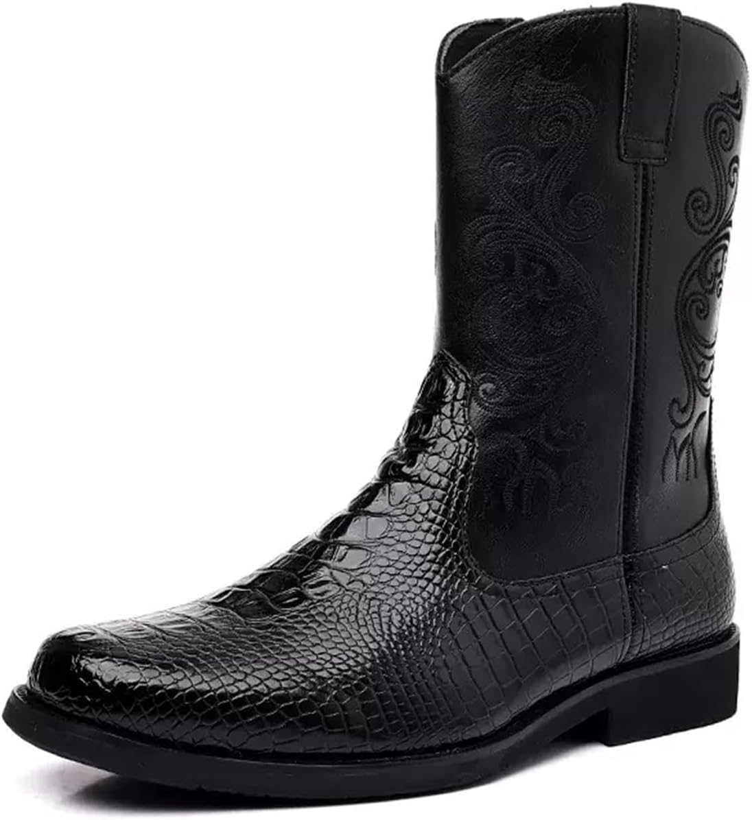

Ковбойские сапоги в западном стиле для мужчин с боковой молнией, вышитым узором, круглым носком, ретро-дизайном и противоскользящей подошвой для мотоциклов Generic, черный