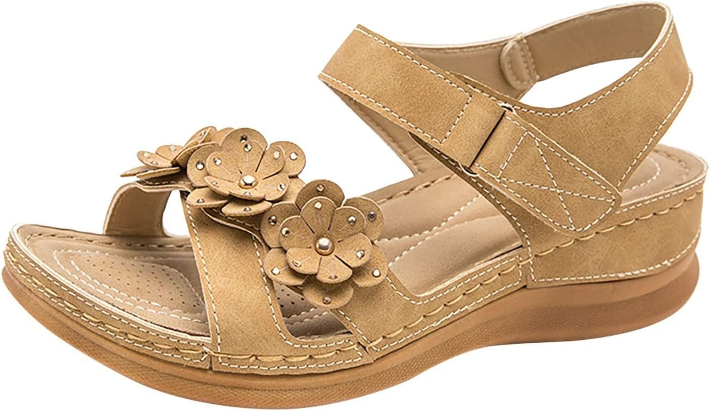 

Женские ортопедические сандалии для ходьбы, удобные нарядные повседневные туфли на платформе, сандалии на танкетке, ортопедическая поддержка свода стопы, с регулируемым ремешком на липучке Generic, желтый