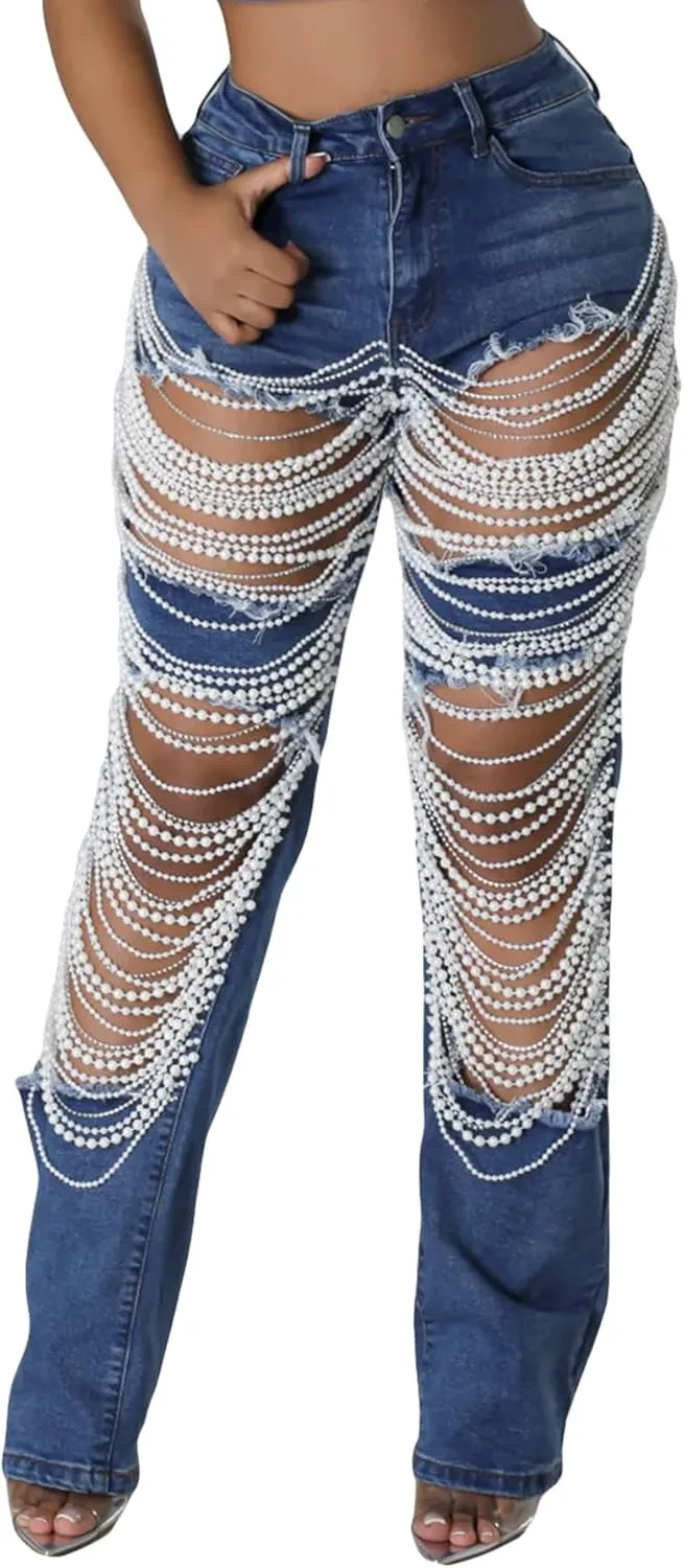 

DINGANG Женские джинсы с разрезами и стразами