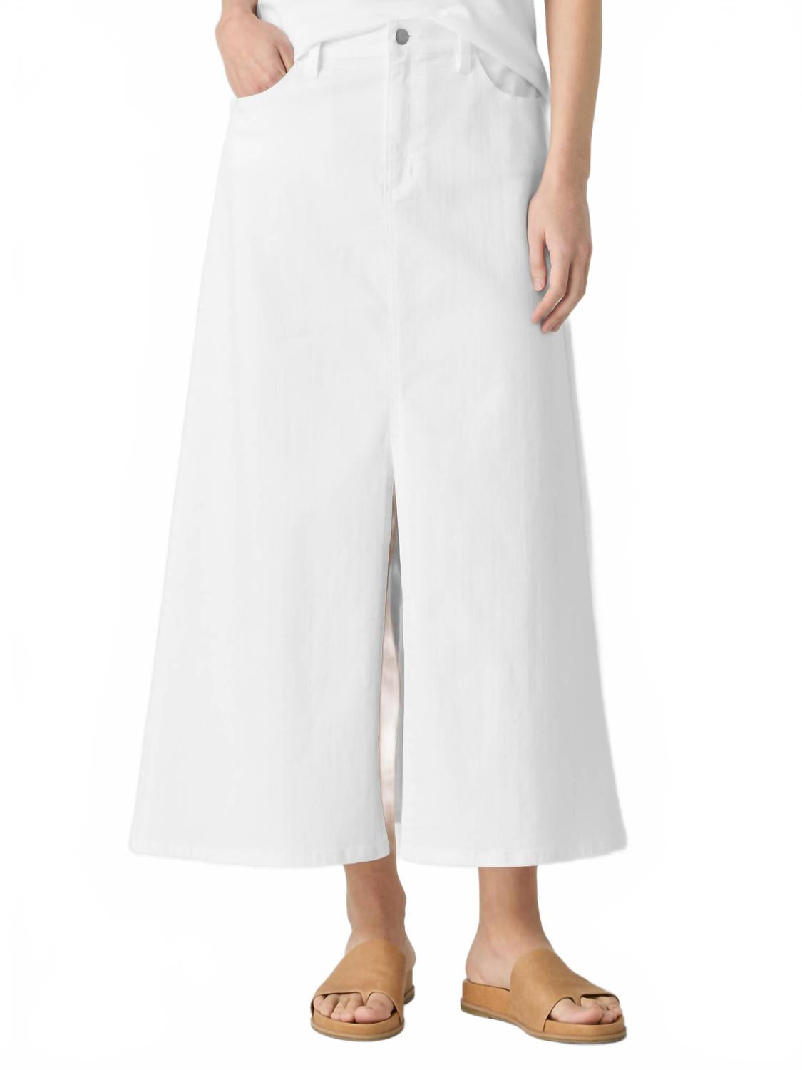 

Органический деним, окрашенный после пошива, юбка-трапеция белого цвета Eileen Fisher