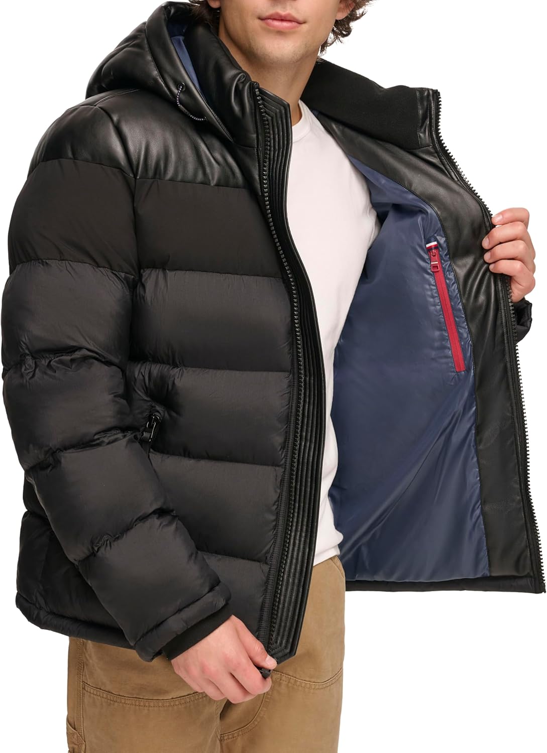 Мужская стеганая куртка с капюшоном Tommy Hilfiger (стандартная и для больших и высоких), Black/Faux Leather — фото 3