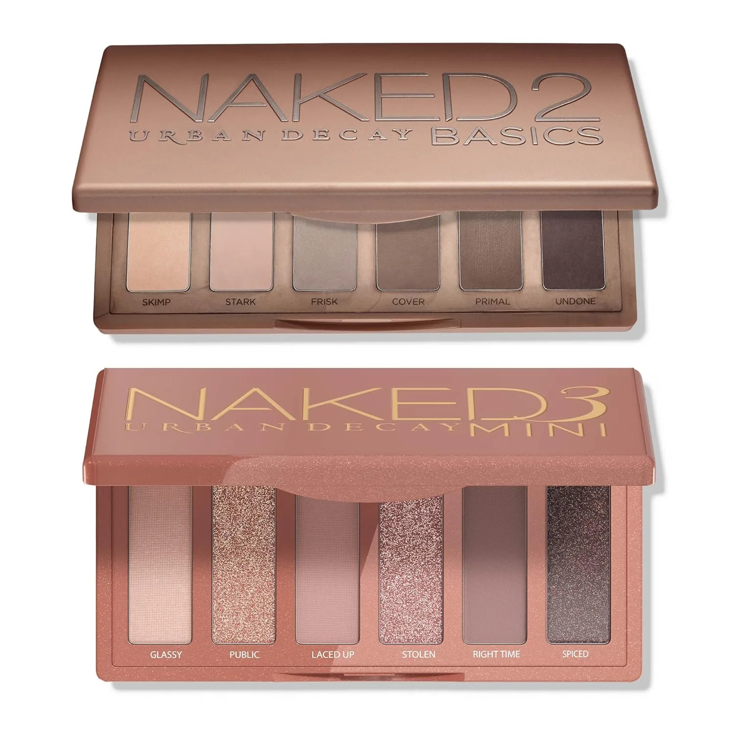 Набор мини-палеток теней для век URBAN DECAY Naked: Naked 2 Basics (нейтральные матовые оттенки) + Naked 3 Mini (розовые нейтральные оттенки с мерцанием), brown