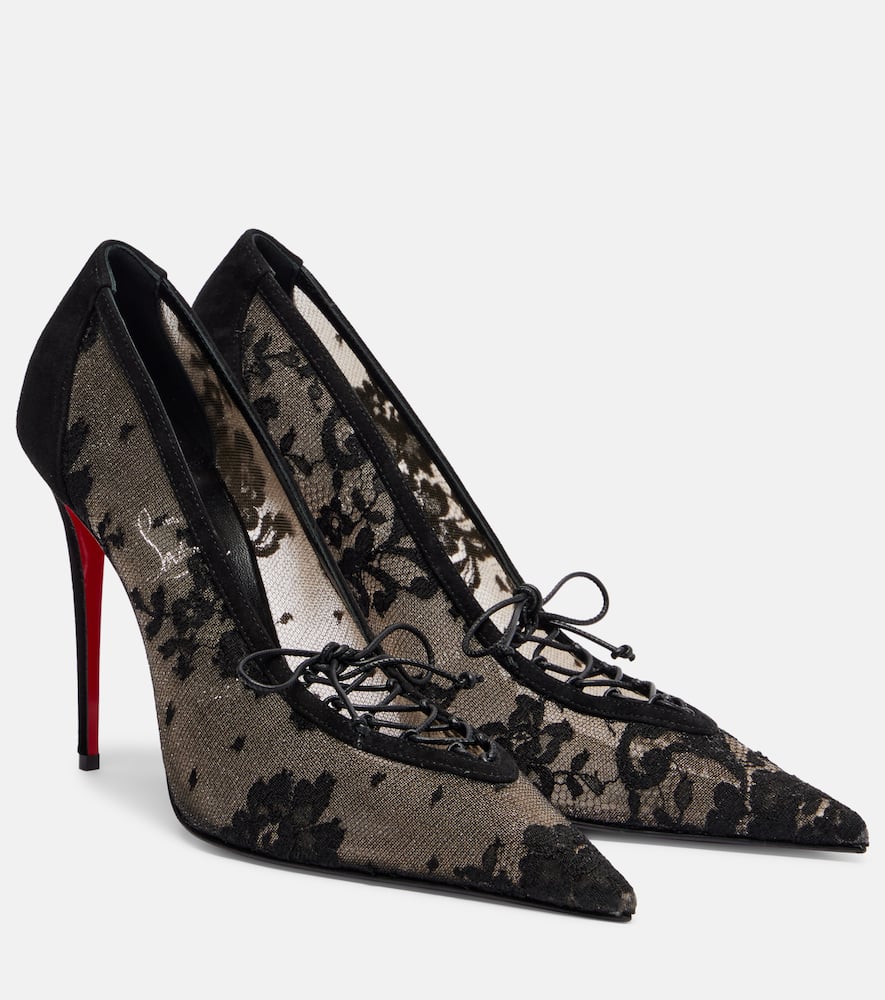Туфли-лодочки KM Lace 100 с отделкой из замши Christian Louboutin, Black/Lin Black
