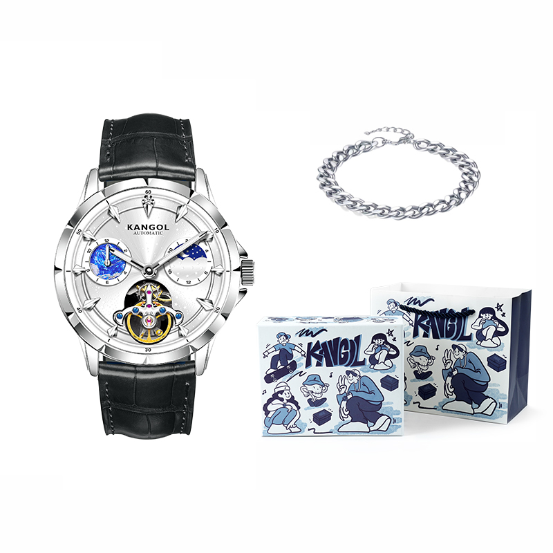 

KANGOL Часы Sea Of Stars Automatic Mechanical Movement Genuine Leather Strap Watch Men's Watch Cut Out Dial, Starry White