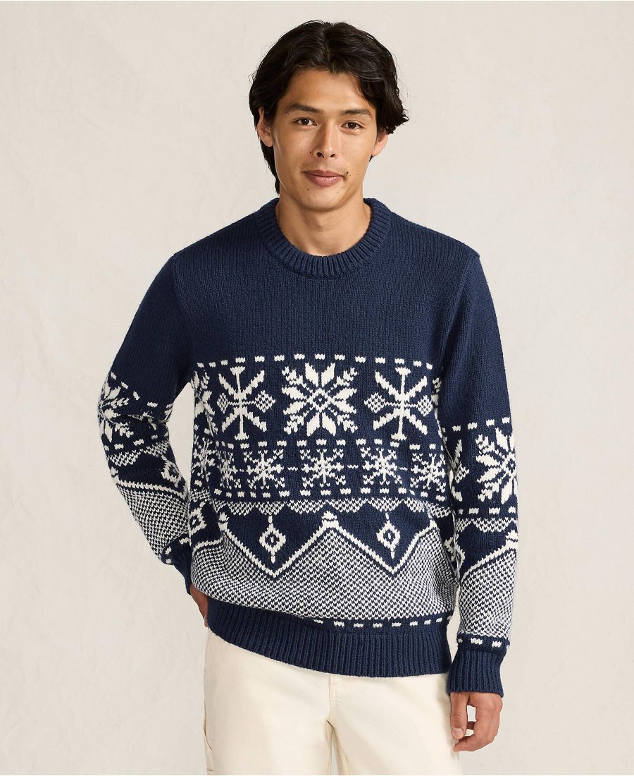 

Мужской свитер с длинными рукавами и круглым вырезом в виде снежинки на тему праздников Lands' End, Deep sea navy snowflake