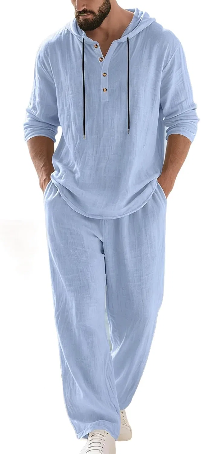 Мужской спортивный костюм из хлопка и льна, Generic, Light Blue